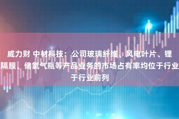 威力财 中材科技：公司玻璃纤维、风电叶片、锂电池隔膜、储氢气瓶等产品业务的市场占有率均位于行业前列